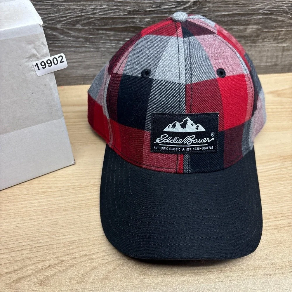 Eddie Bauer Hat Cap Strap Back Red Black Buffalo Check Plaid Flannel Outdoor NWT